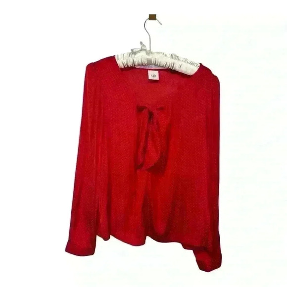 Cabi 3862 | Front Knot Swiss Red Dot Print Satin Blouse Top with Keyhole, Medium - Picture 2 of 9